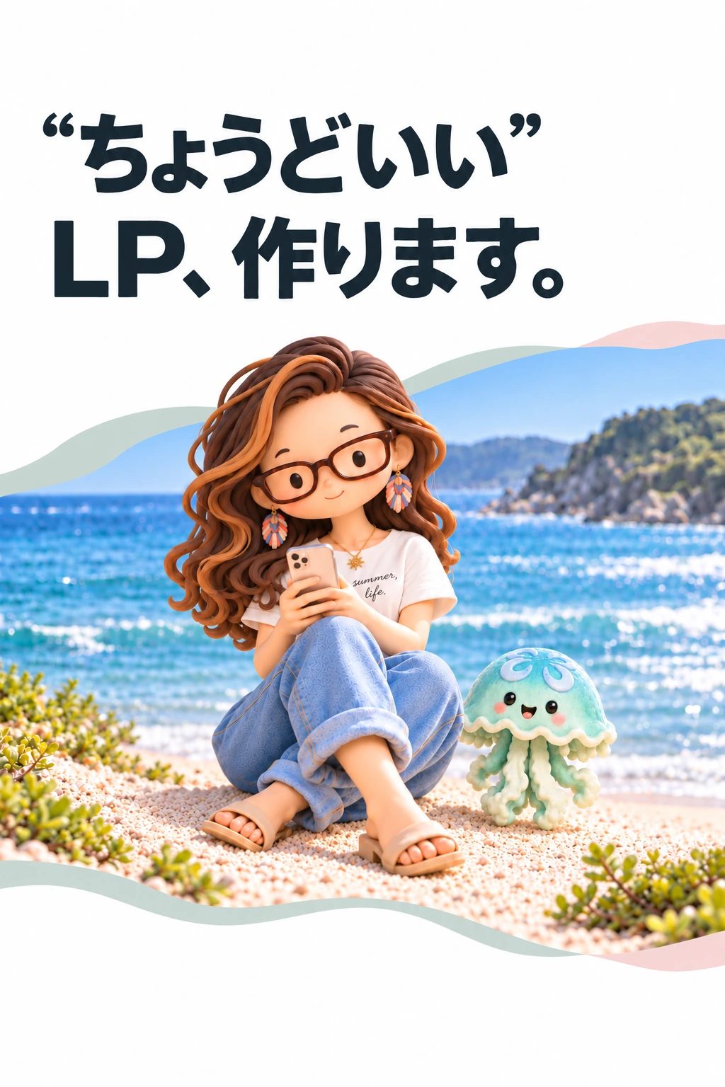 明るい海辺でスマートフォンを見る女性とミント色のクラゲのクレイ風キャラクター